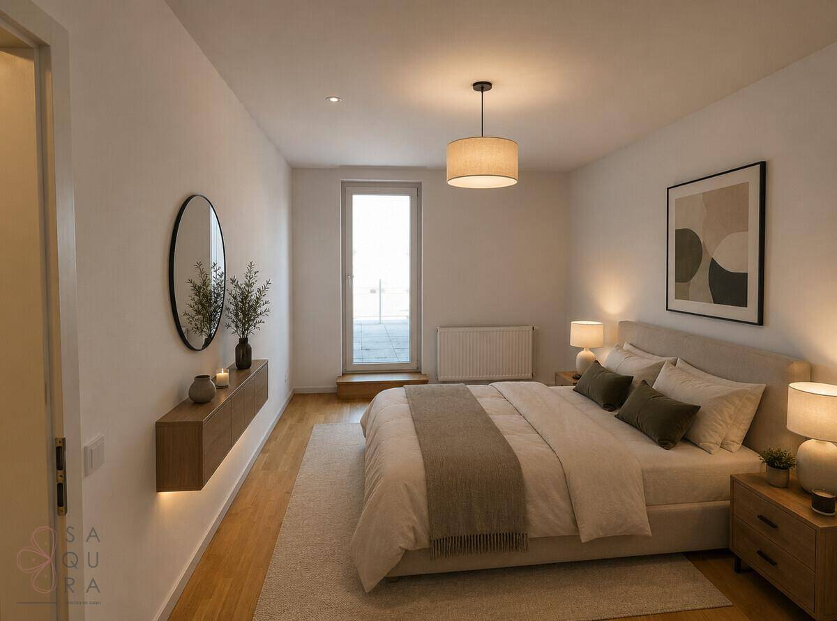 Helles Schlafzimmer mit modernem Bett, Nachttischen und Zugang zu einem Außenbereich.