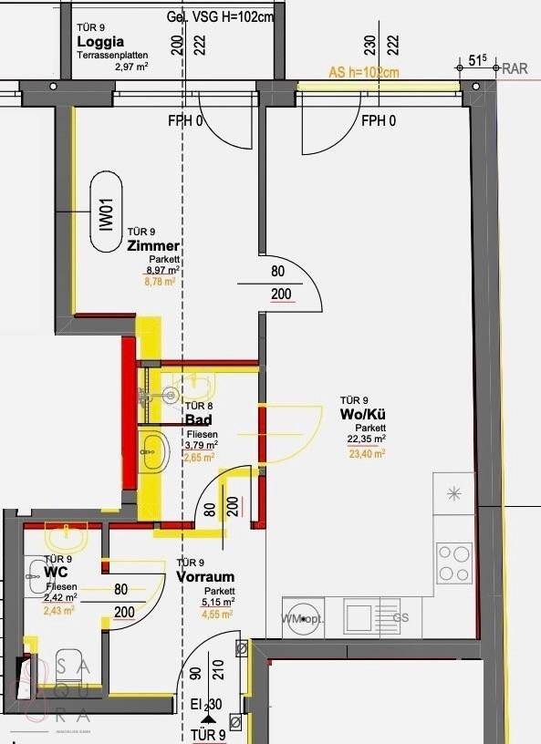 Detaillierter Grundriss einer Wohnung mit Loggia, Bad und offener Wohnküche, zeigt die Raumaufteilung.