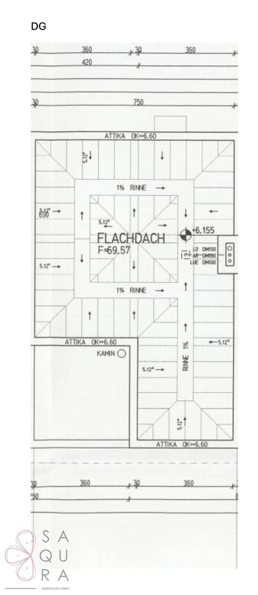 Grundriss des Dachgeschosses mit Flachdach und Attika.