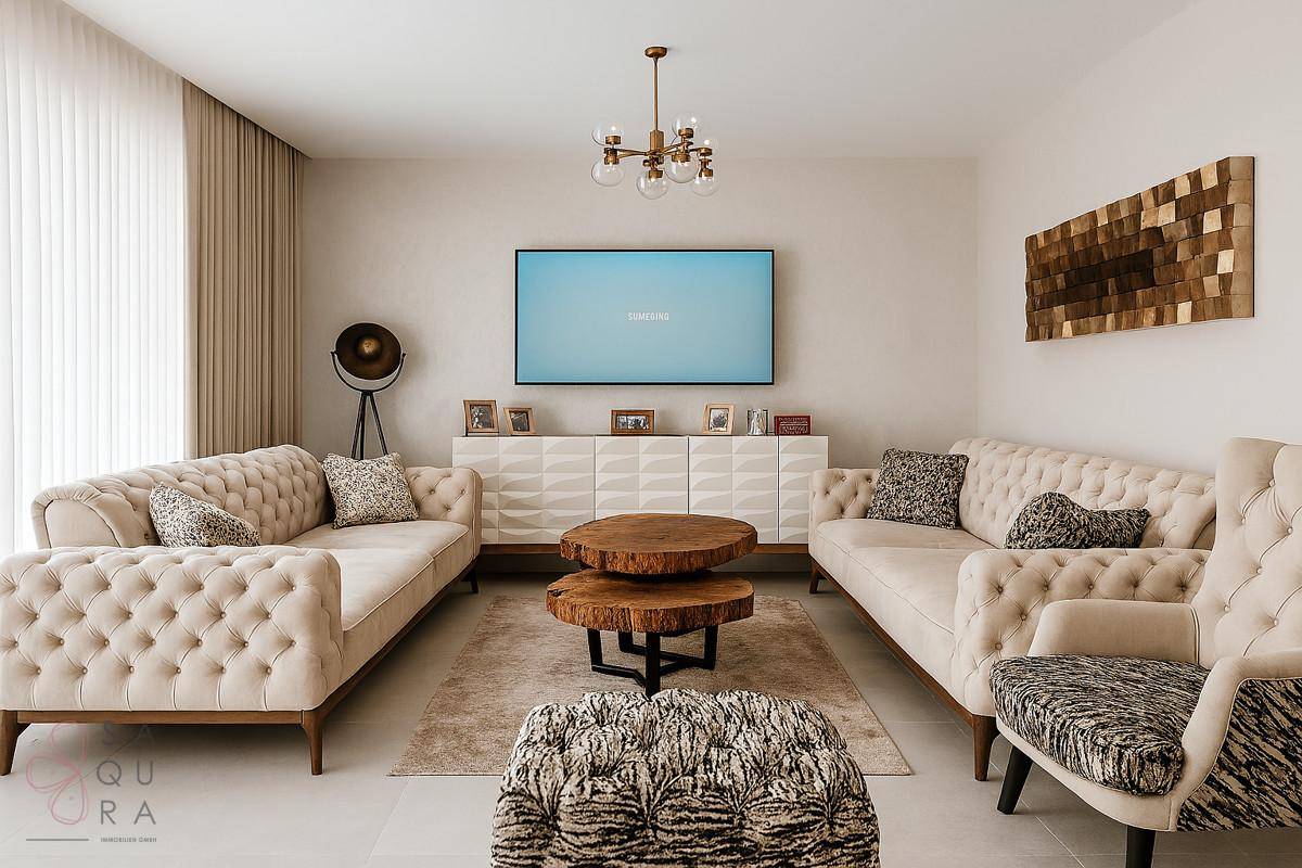 Elegantes Wohnzimmer mit beigen Sofas, Holztischen und einem großen Fernseher an der Wand.