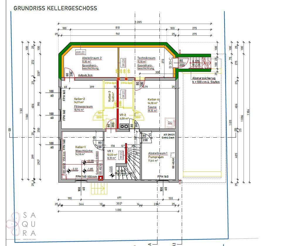 Grundriss des Kellergeschosses mit Fitnessraum, Technikraum und mehreren Abstellräumen.