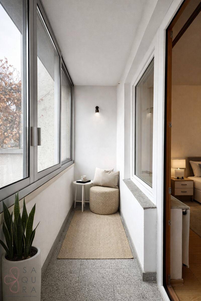 Heller, verglaster Balkon mit Sitzgelegenheit, Pflanzen und Fliesenboden, ideal zum Entspannen.