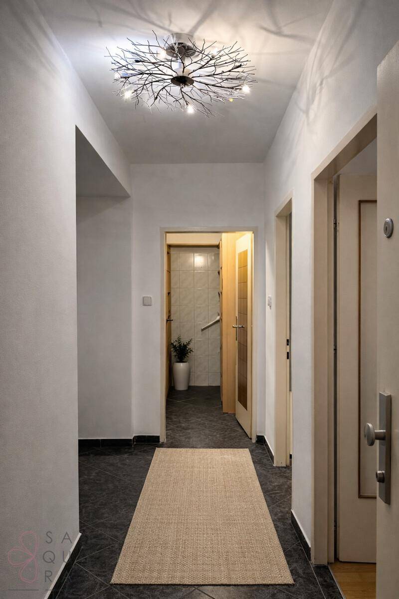 Heller Flur mit dunklem Fliesenboden und moderner Deckenleuchte, führt zu weiteren Räumen.