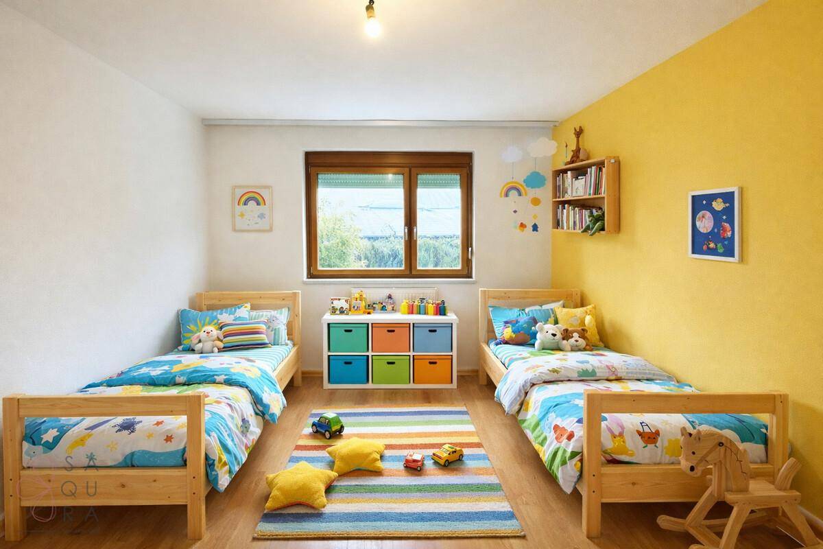 Farbenfrohes Kinderzimmer mit zwei Betten, Holzboden und spielerischer Dekoration, sehr hell.