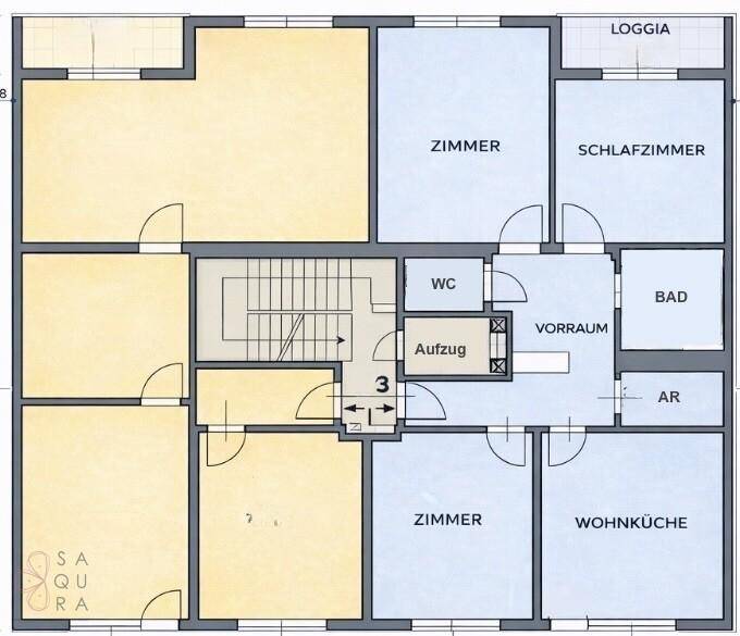 Grundriss einer Wohnung mit mehreren Zimmern, Bad, WC, Wohnküche und Loggia, inklusive Aufzug.