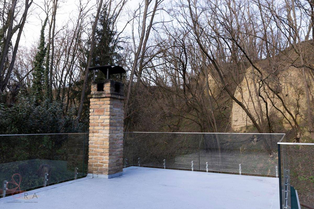 Obere Terrasse mit gemauertem Kamin, Glasbrüstung und weitem Blick in die bewaldete Landschaft.