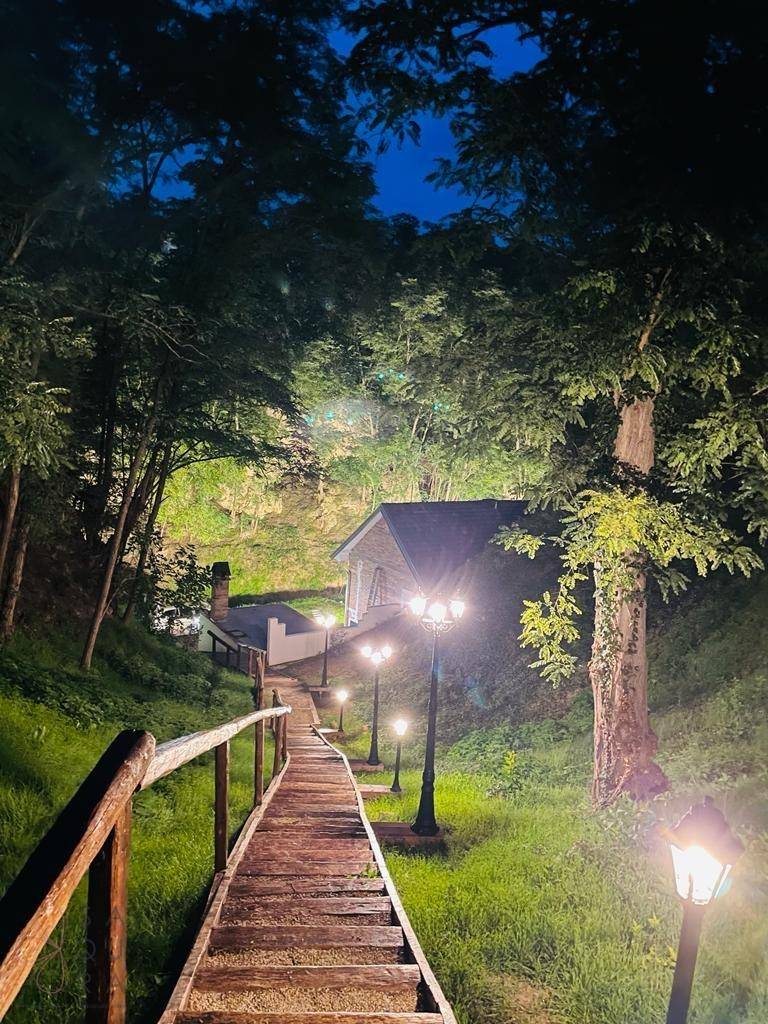 Beleuchteter Holzweg schlängelt sich durch die grüne Landschaft zu einem Haus in der Ferne.