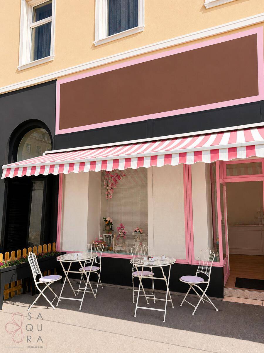 Außenbereich mit Tischen und Stühlen vor einem Geschäft mit rosa-weiß gestreifter Markise.