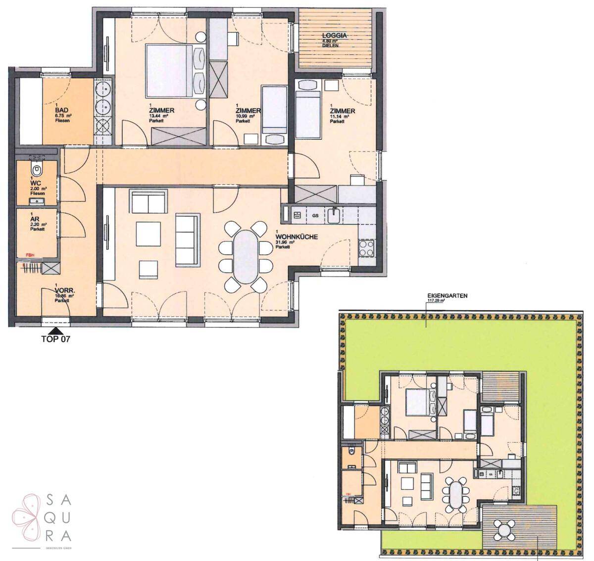 Detaillierter Grundriss einer Wohnung mit drei Zimmern, Wohnküche und Loggia.