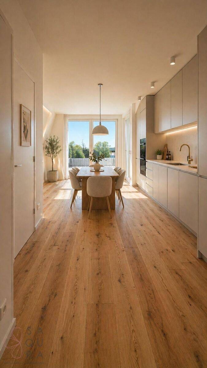 Moderne offene Küche mit Essbereich, Holzboden und großen Fenstern für viel Tageslicht.