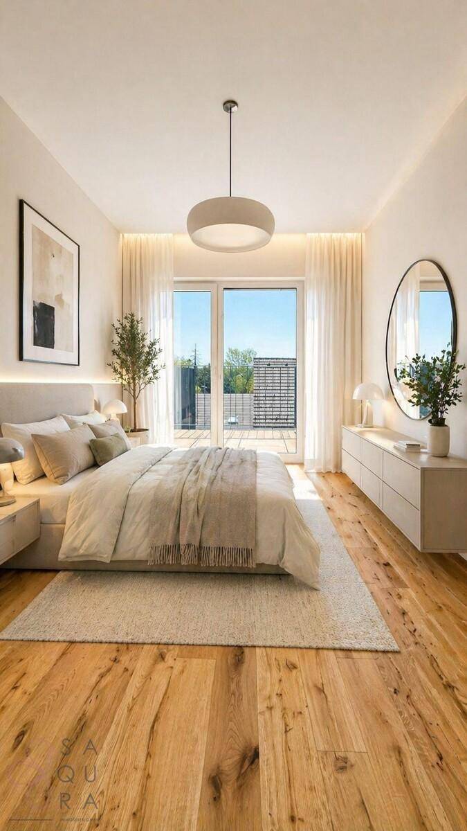Modernes Schlafzimmer mit Doppelbett, Holzboden und Zugang zu einem privaten Balkon.