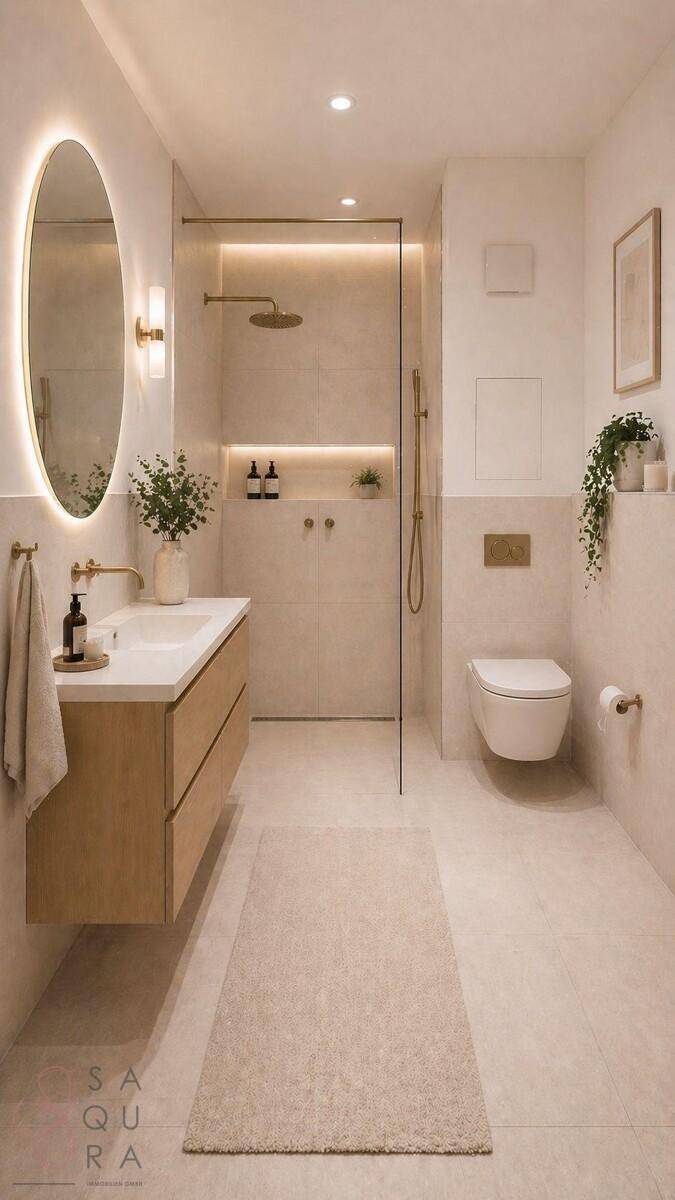 Modernes Badezimmer mit begehbarer Regendusche, Einzelwaschbecken und eleganten Fliesen.