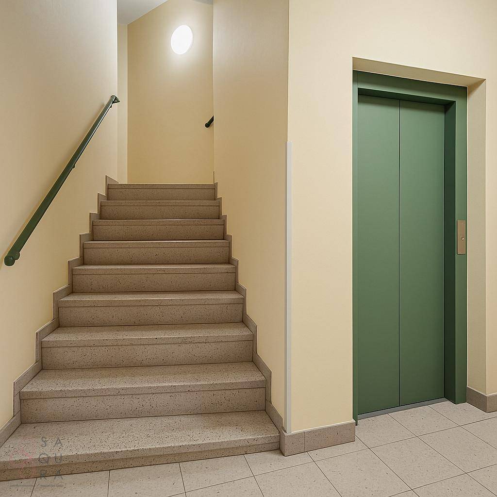 Treppenhaus mit Steinstufen und grünem Handlauf, neben einem modernen Aufzug.