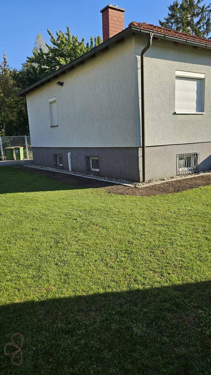 Seitenansicht des Hauses mit grünem Rasen und kleinen Kellerfenstern an einem sonnigen Tag.