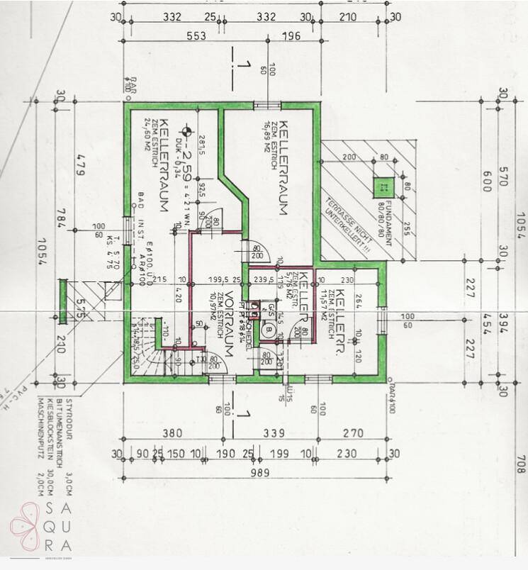 Grundriss des Kellergeschosses mit Kellerräumen und Vorratsraum.
