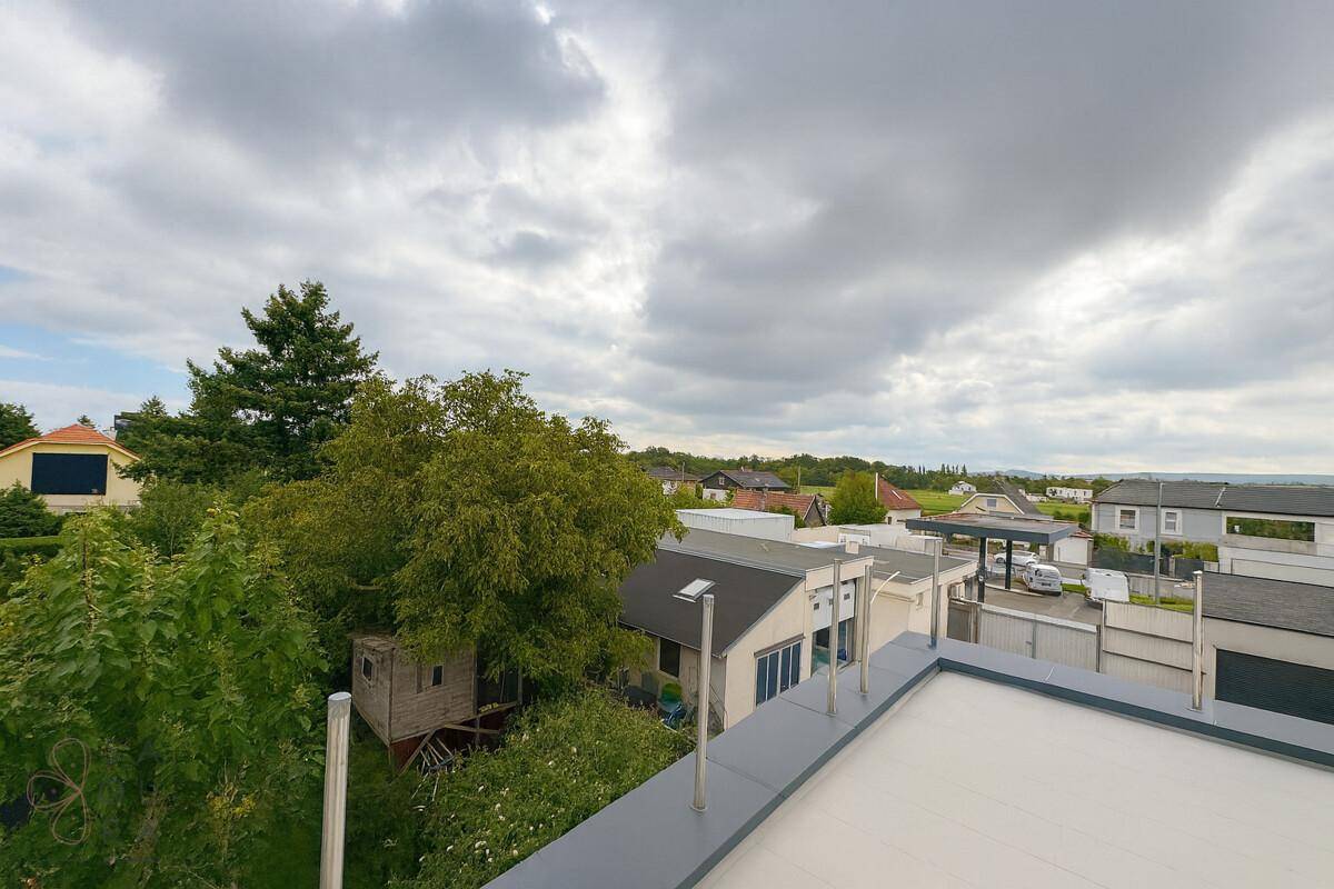 Weitläufiger Blick über die umliegende Wohngegend mit viel Grün und bewölktem Himmel.