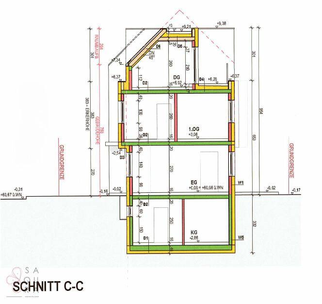 Schnittansicht C-C des Gebäudes mit Darstellung der Geschosse und Dachkonstruktion.