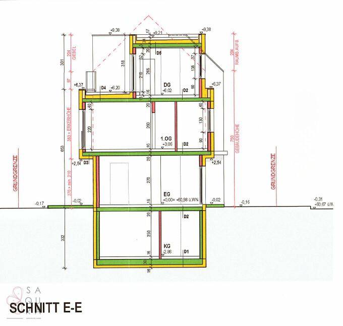 Schnittansicht E-E des Gebäudes zeigt die vertikale Struktur über alle Stockwerke.