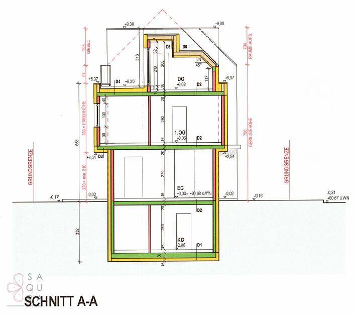 Schnittansicht A-A des Gebäudes zeigt die vertikale Struktur über alle Stockwerke.