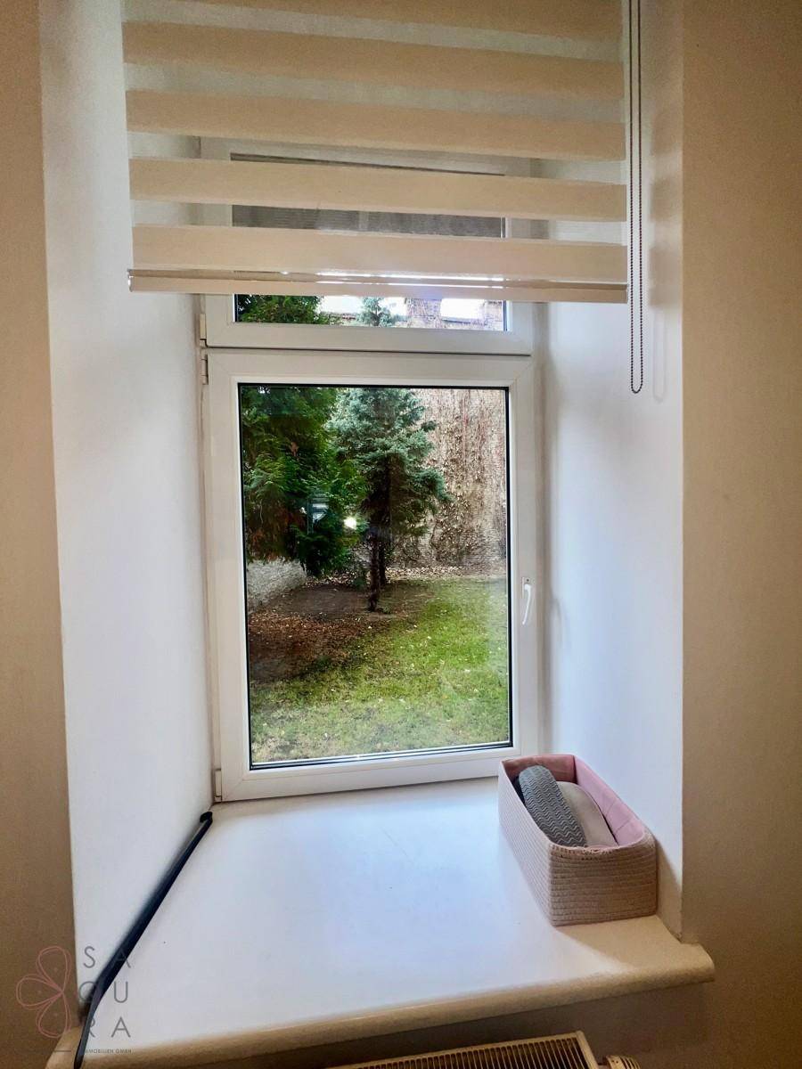 Fenster mit Rollo und Blick auf einen grünen Innenhofbereich mit Bäumen.
