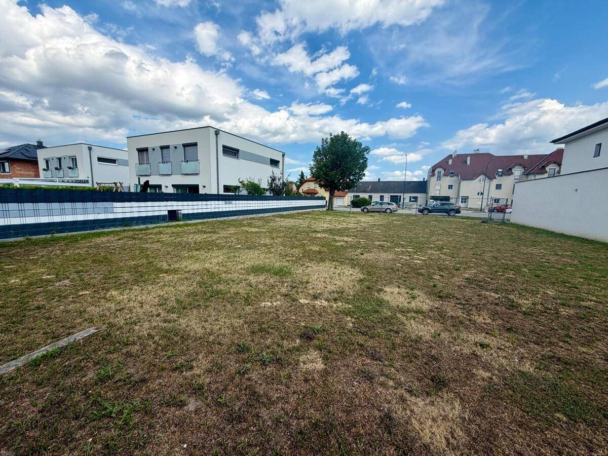 Offenes Baugrundstück mit trockener Wiese, umgeben von Wohngebäuden und einem Baum unter bewölktem Himmel.