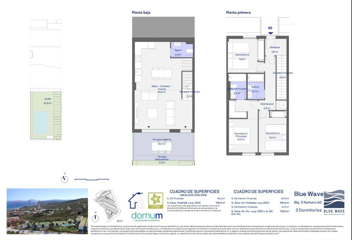 Grundriss zeigt Erdgeschoss und Obergeschoss mit Garten, Terrasse und zwei Bädern.