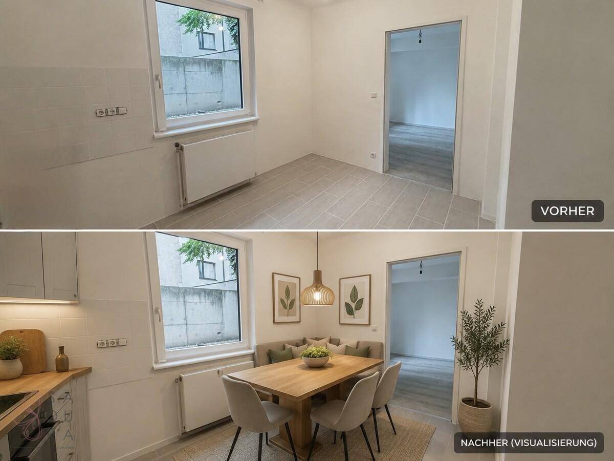 Leerer Raum mit Fliesenboden, virtuell als moderne Wohnküche mit Essbereich gestaltet.