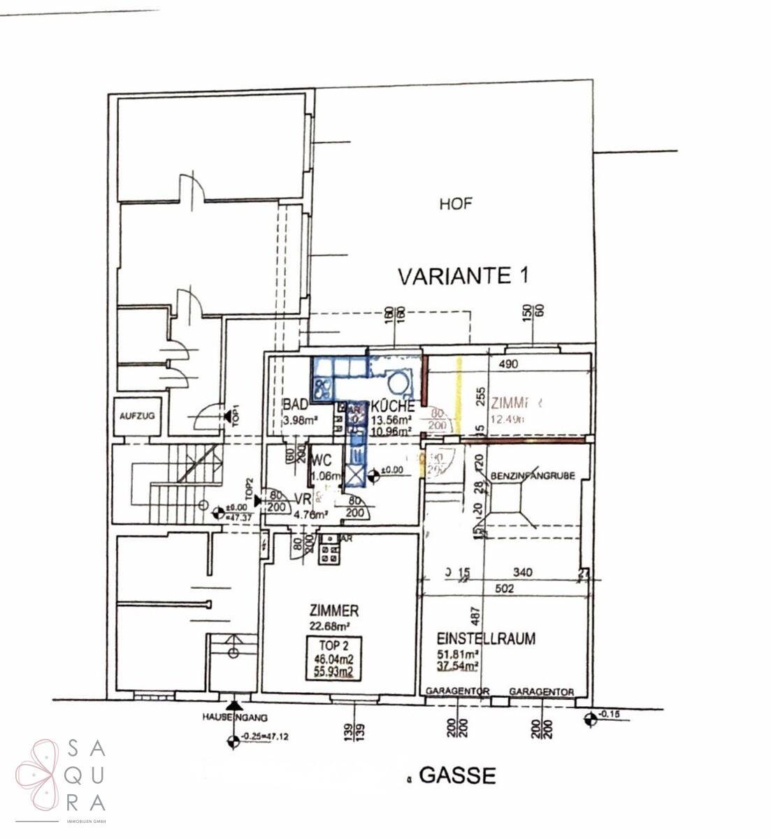 Grundrissplan mit Aufteilung in Bad, Küche, Zimmer, WC und Einstellraum.