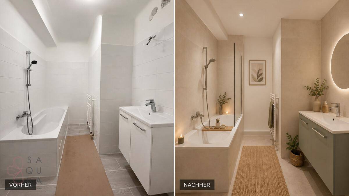Badezimmer mit Badewanne und Waschtisch, virtuell modernisiert und neu eingerichtet.