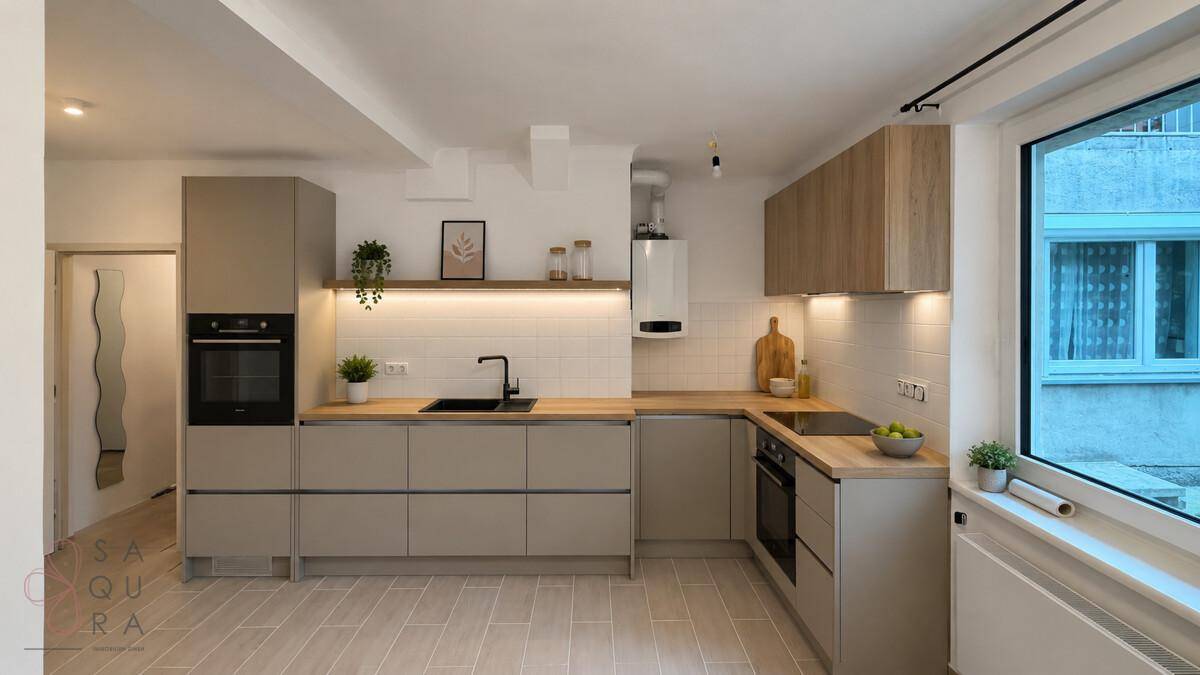 Moderne Einbauküche mit hellgrauen und holzfarbenen Schränken sowie integrierten Geräten.