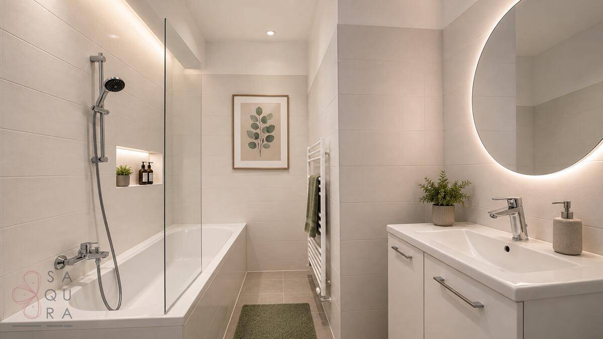 Modernes Badezimmer mit Badewanne, Duschabtrennung und beleuchtetem Spiegel über dem Waschtisch.