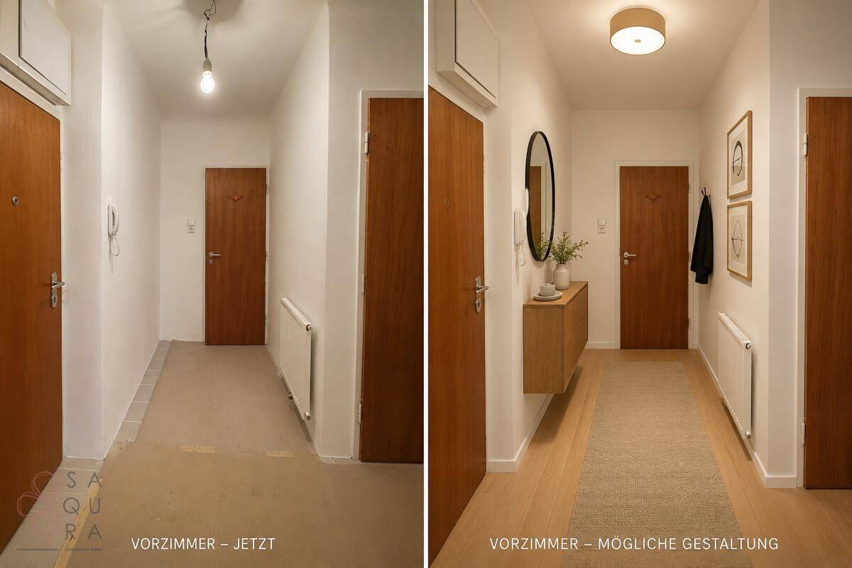 Heller Flur mit Holztüren, virtuell mit moderner Garderobe und Dekoration inszeniert.