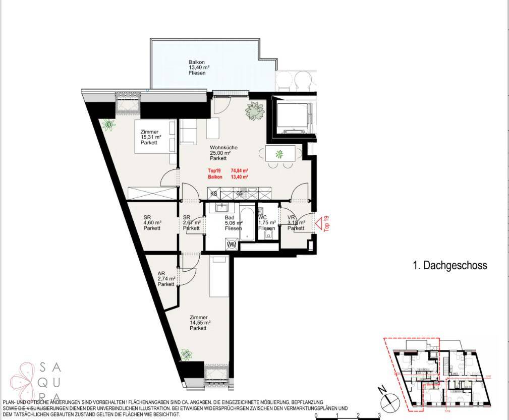 Detaillierter Grundriss einer Dachgeschosswohnung mit Balkon und mehreren Zimmern.