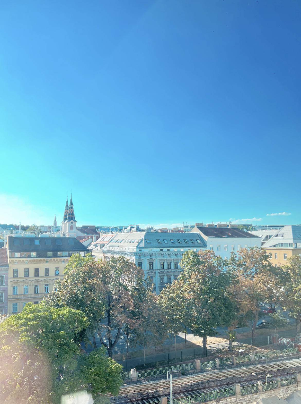 Weitblick über die Stadt mit Bäumen, Straßenbahnlinien und Gebäuden.