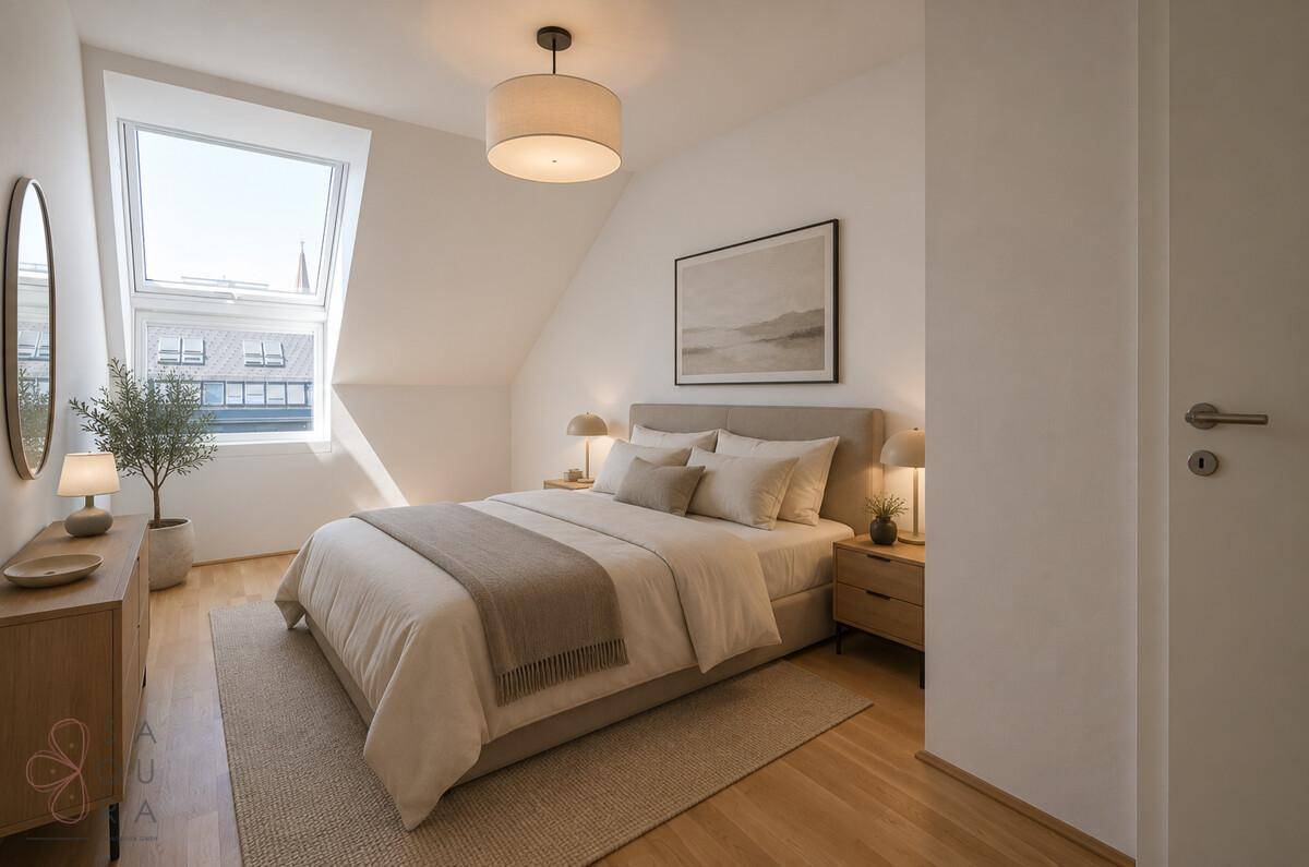Gemütliches Schlafzimmer mit Dachschräge, großem Dachfenster und modernem Doppelbett.