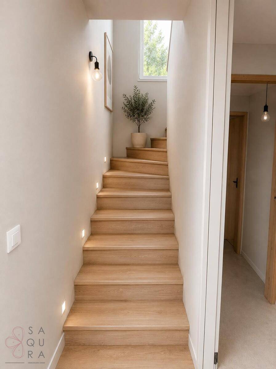 Helle Holztreppe mit integrierter Beleuchtung und Oberlicht, die natürliches Licht spendet.