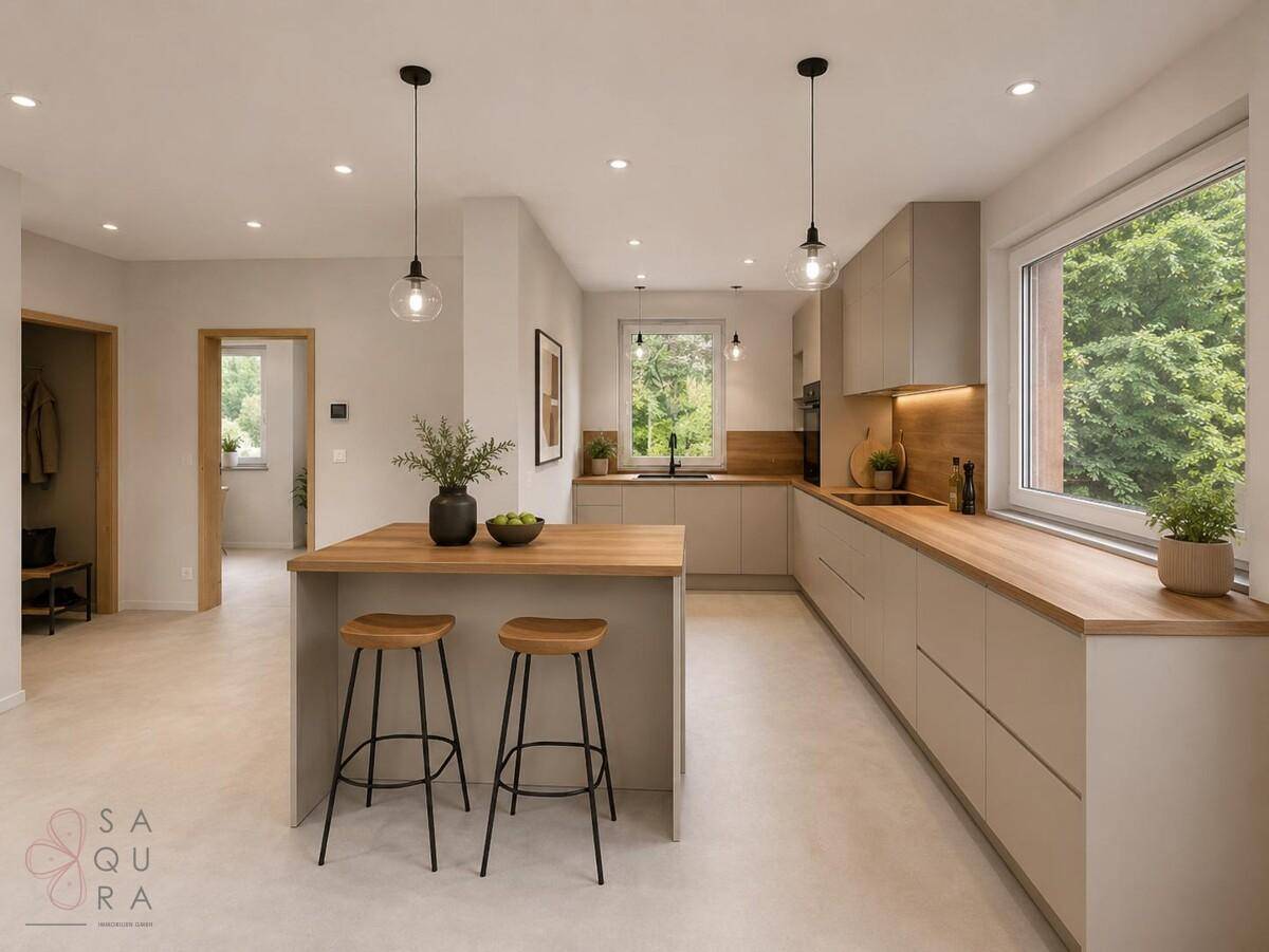 Helle, moderne Küche mit Kücheninsel, Holz-Arbeitsplatten und Zugang zum Flur.