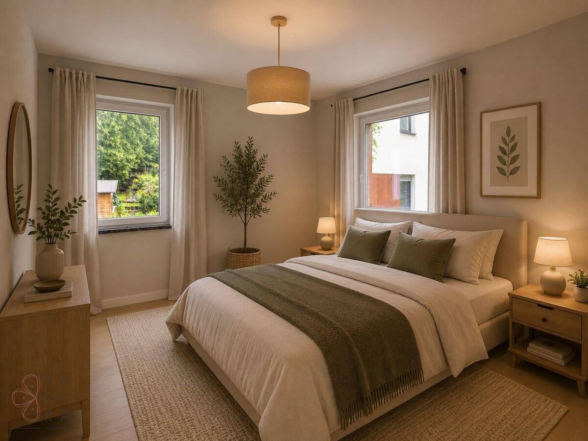 Gemütliches Schlafzimmer mit zwei Fenstern und Blick ins Grüne und auf Nachbargebäude.
