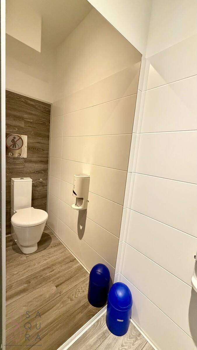 Toilettenraum mit modernem WC, Holzakzentwand und praktischen blauen Abfalleimern für die Entsorgung.