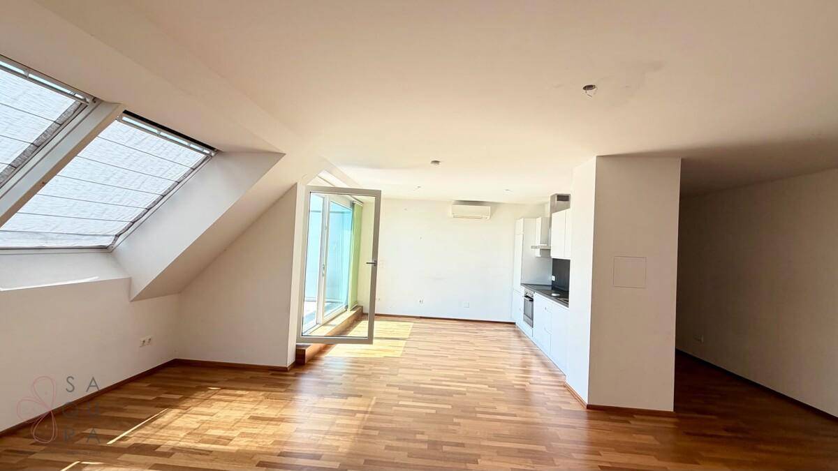 Offener Wohnbereich mit integrierter Küchenzeile, Holzboden und Zugang zur Dachterrasse.