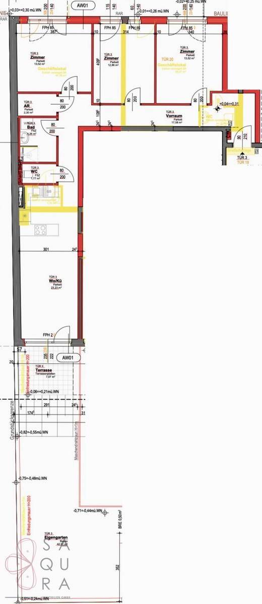 Grundriss einer Wohnung mit Terrasse und Gartenanteil im Erdgeschoss.