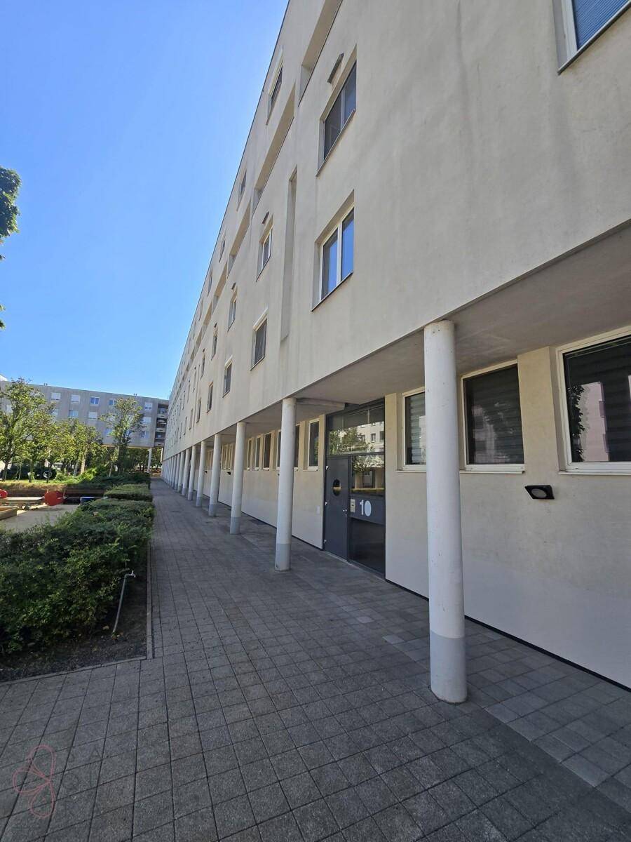 Moderne Gebäudefassade mit Eingangsbereich und gepflastertem Gehweg unter blauem Himmel.