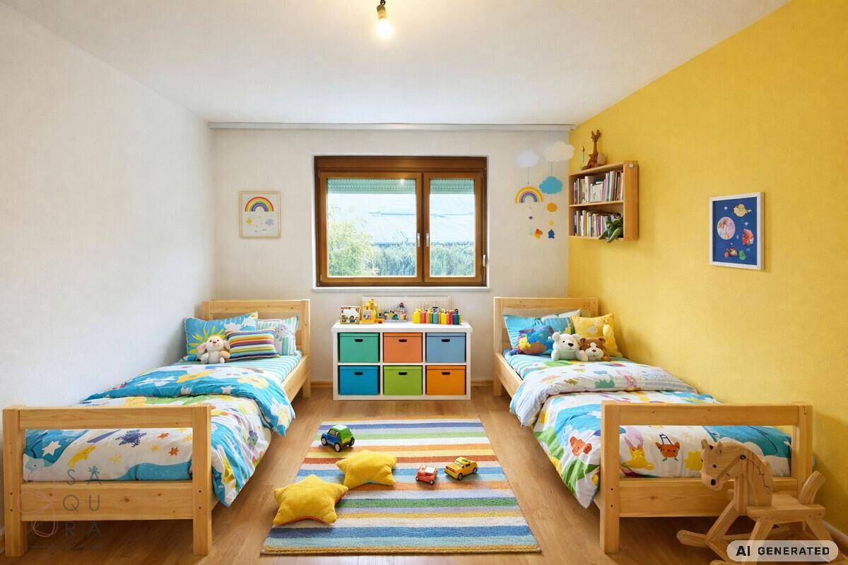 Farbenfrohes Kinderzimmer mit zwei Einzelbetten, Holzboden und gelber Akzentwand.