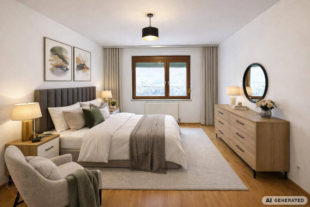 Helles Schlafzimmer mit Doppelbett, Holzboden, Kommode und Blick auf eine Berglandschaft.