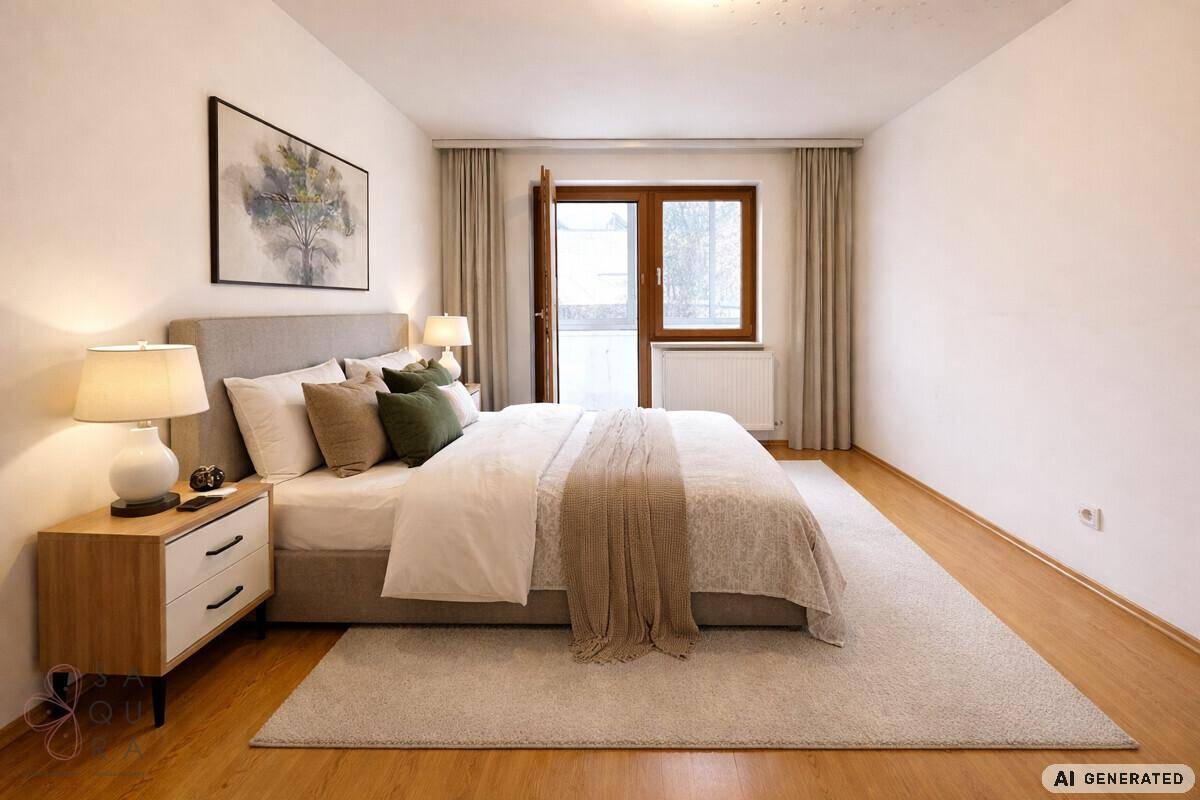 Gemütliches Schlafzimmer mit Doppelbett, Holzboden und Zugang zu einem kleinen Balkon.