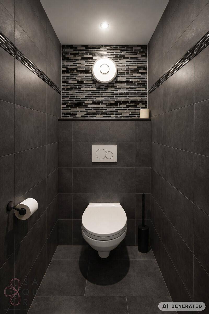 Modernes Gäste-WC mit dunklen Fliesen, Wand-WC und dekorativer Wandgestaltung.