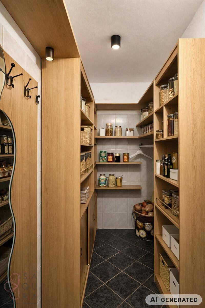 Praktische Speisekammer mit Holzregalen und ausreichend Stauraum für Vorräte.