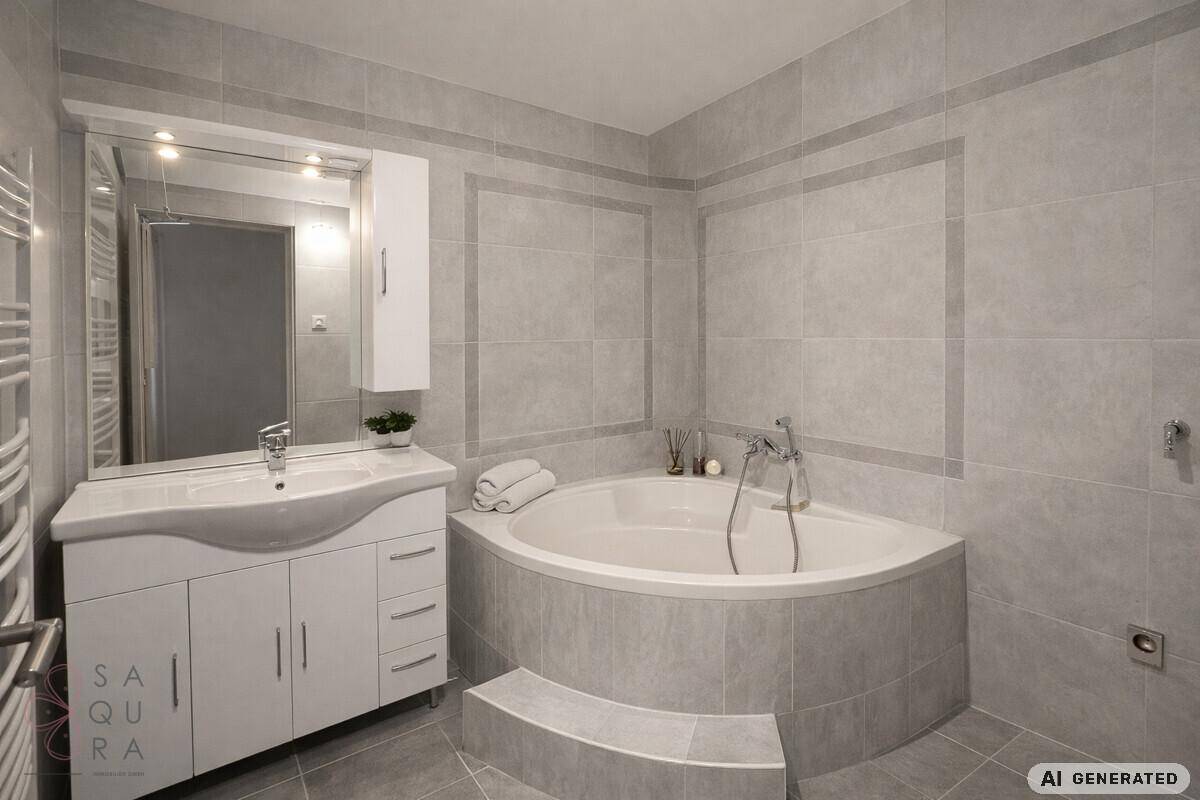 Modernes Badezimmer mit Eckbadewanne, grauen Fliesen und einem Waschtisch mit Spiegel.