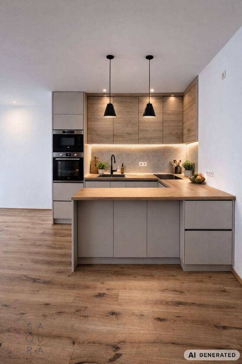 Moderne Einbauküche mit Holz- und Grautönen, integrierten Geräten und indirekter Beleuchtung.
