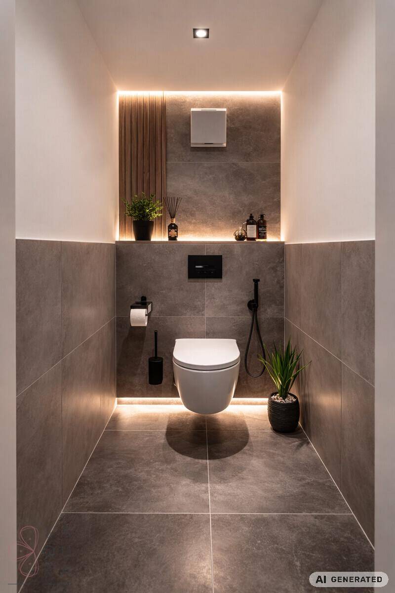 Modernes Gäste-WC mit dunklen Fliesen, Wand-WC und indirekter Beleuchtung.